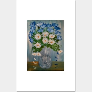 lovely vibrant bouquet of flowers in a silver vase .. Posters and Art